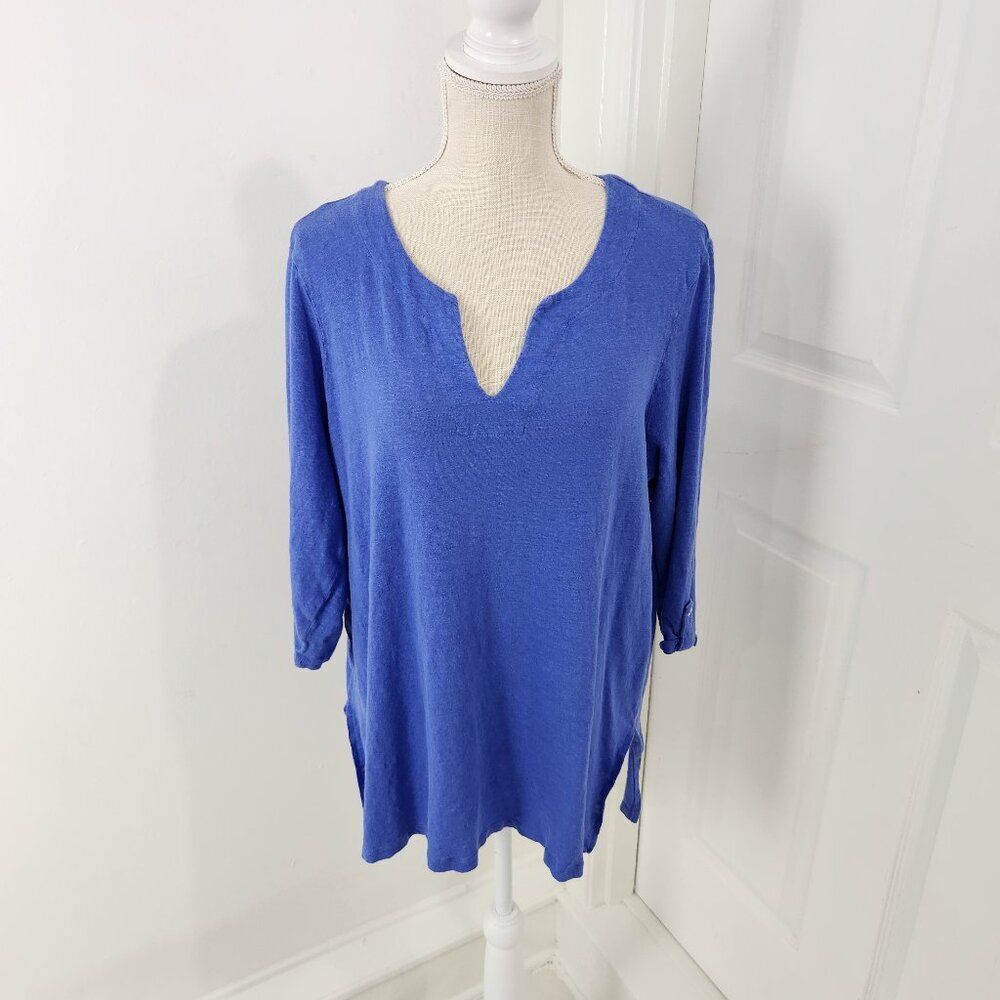 Chicos Top Womens Size 3 Blue Linen Soft Roll Tab Sleeves Side Slits Comfy